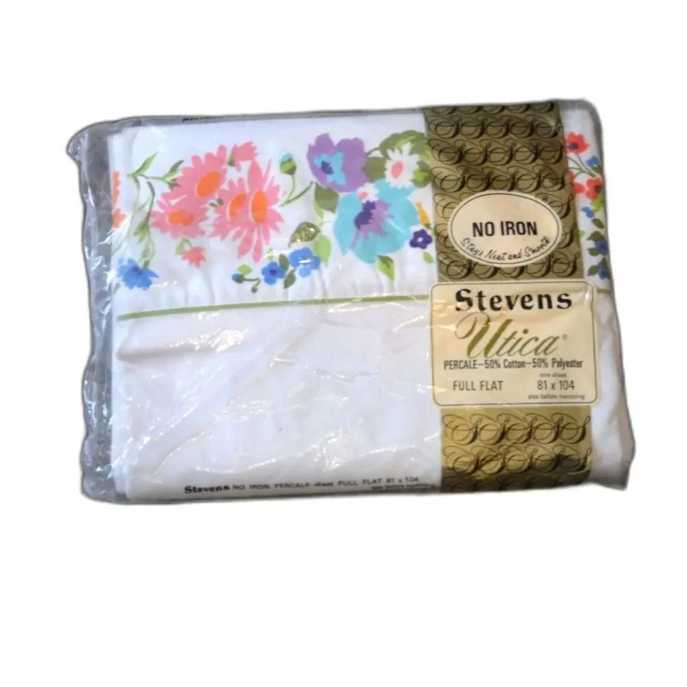 NOS 70s Vintage Stevens Utica Floral Full Flat NIP No Iron Flower Patch Sheet